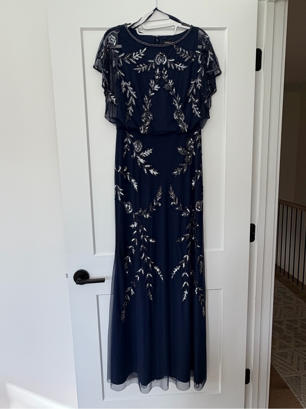 Adrianna Papell Navy Long Formal Dress with Silver Sequin Leaf Beading 4